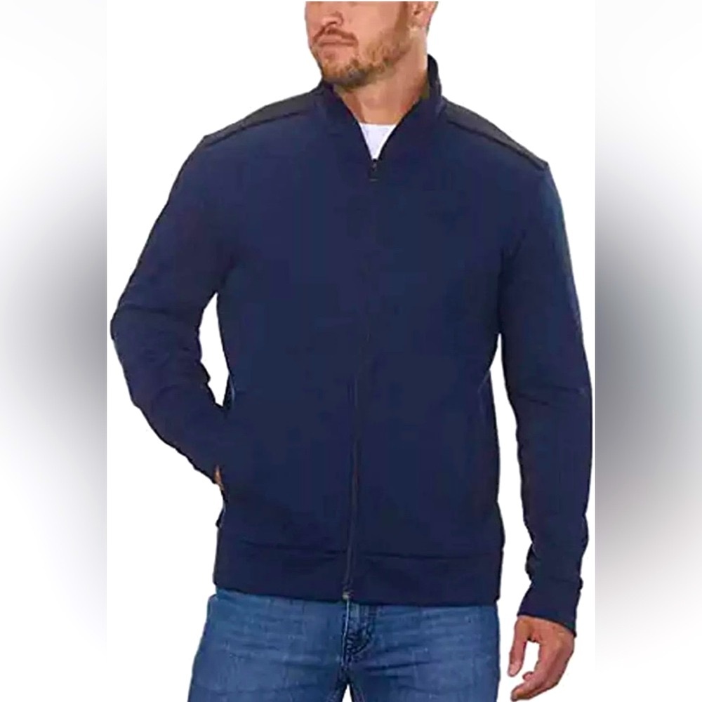 Calvin Klein Men's Full Zip Navy Blue with Black Trim Knit Jacket Front Pockets